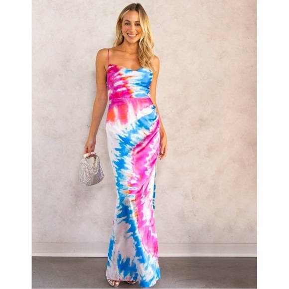 Retrofete Silk Marlene Cotton Candy Maxi Slip Dress Tie Dye Print High Slit M - Picture 2 of 16
